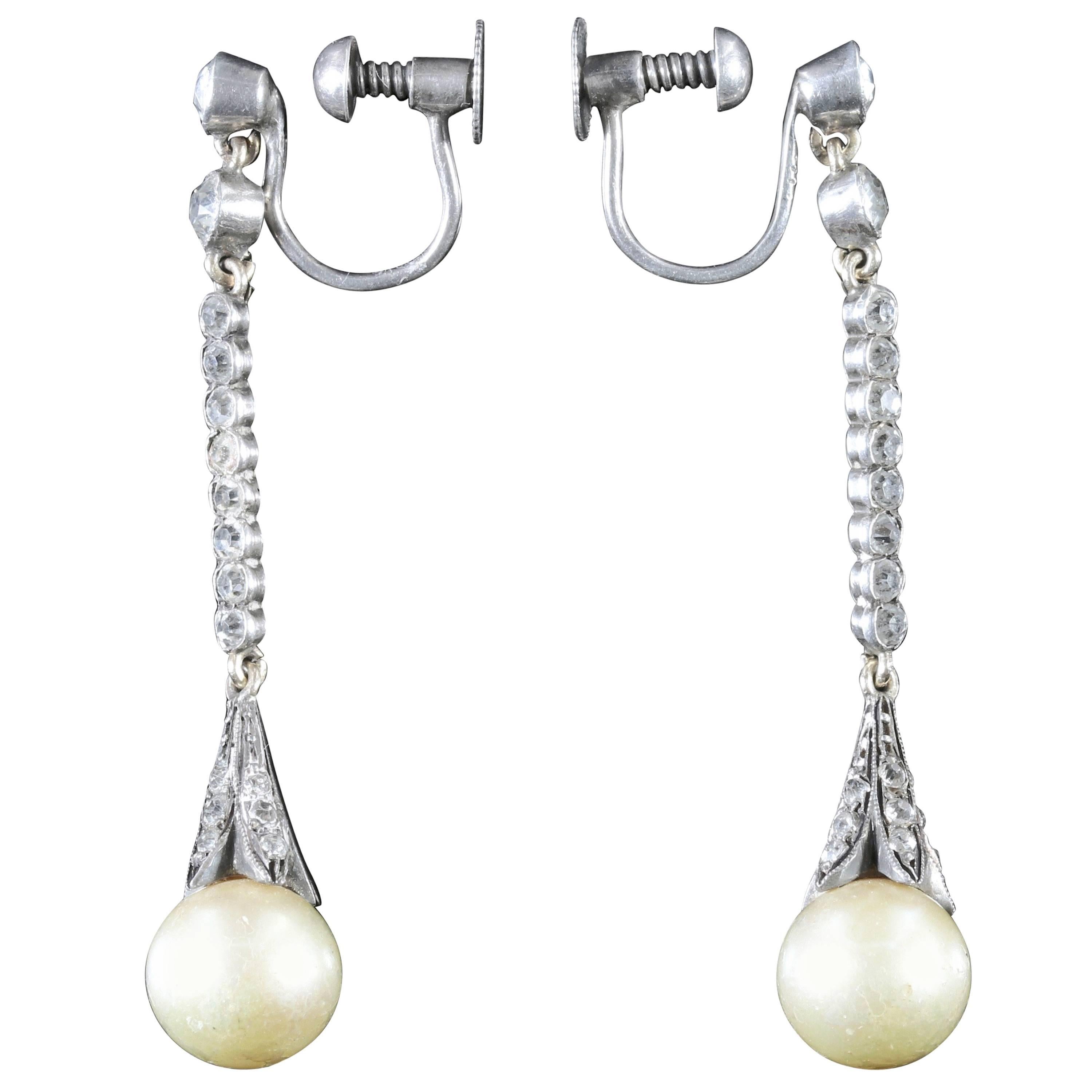 Antique Edwardian Long Sterling Silver Paste Pearl Earrings