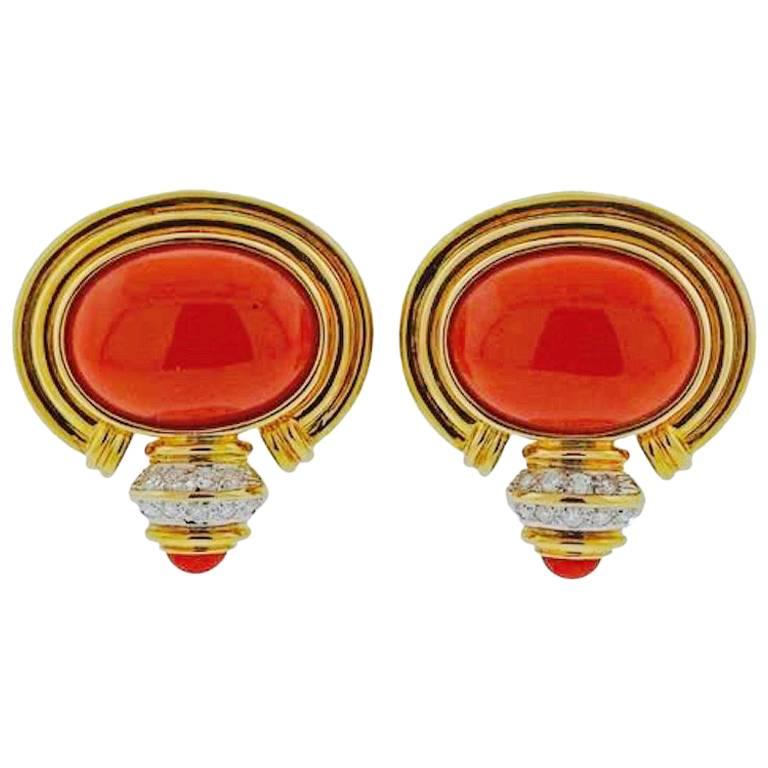 Red Coral Cabochon Diamond Gold Earrings