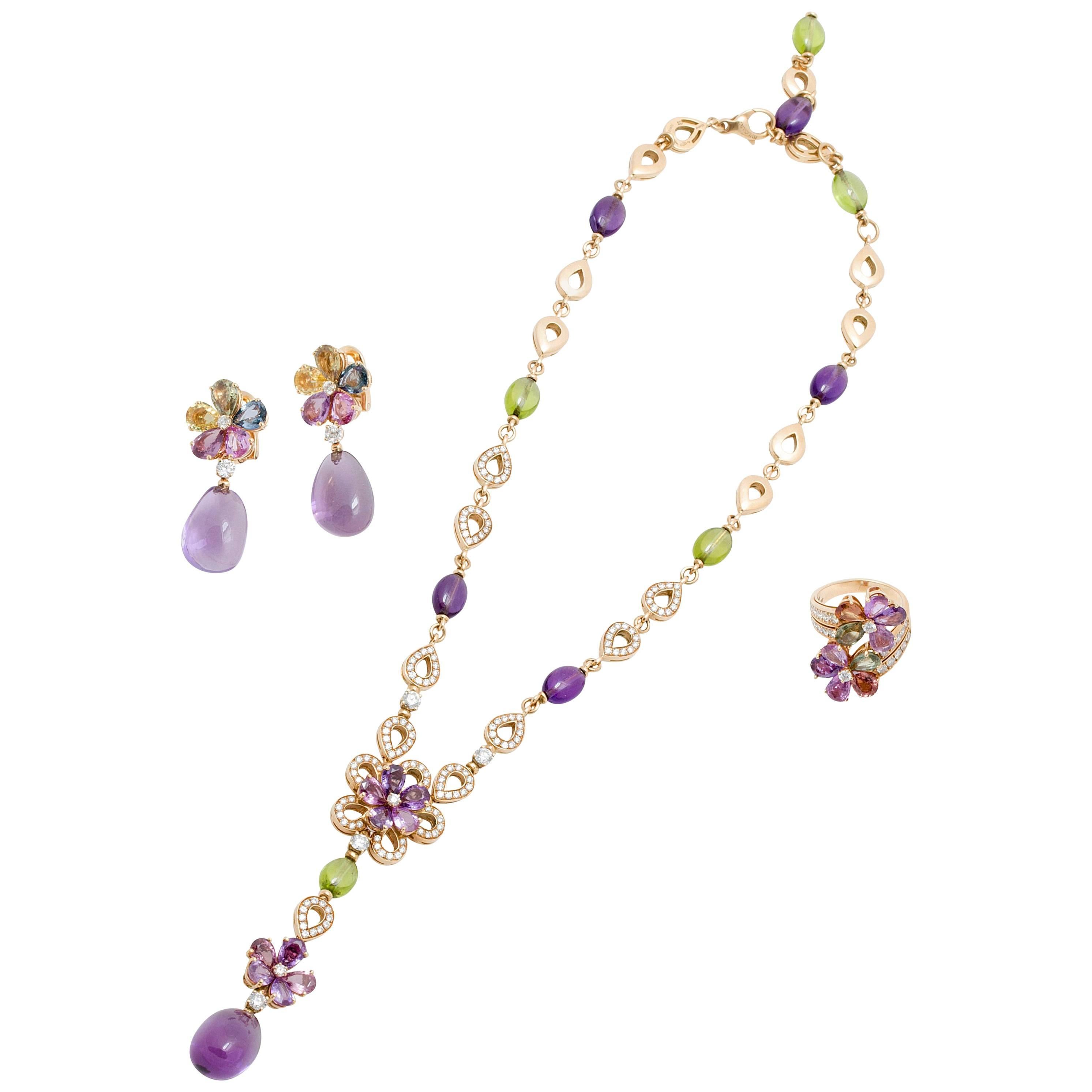 Bulgari Bvlgari  Diamond and Color Stone Necklace Earring and Ring Set For Sale