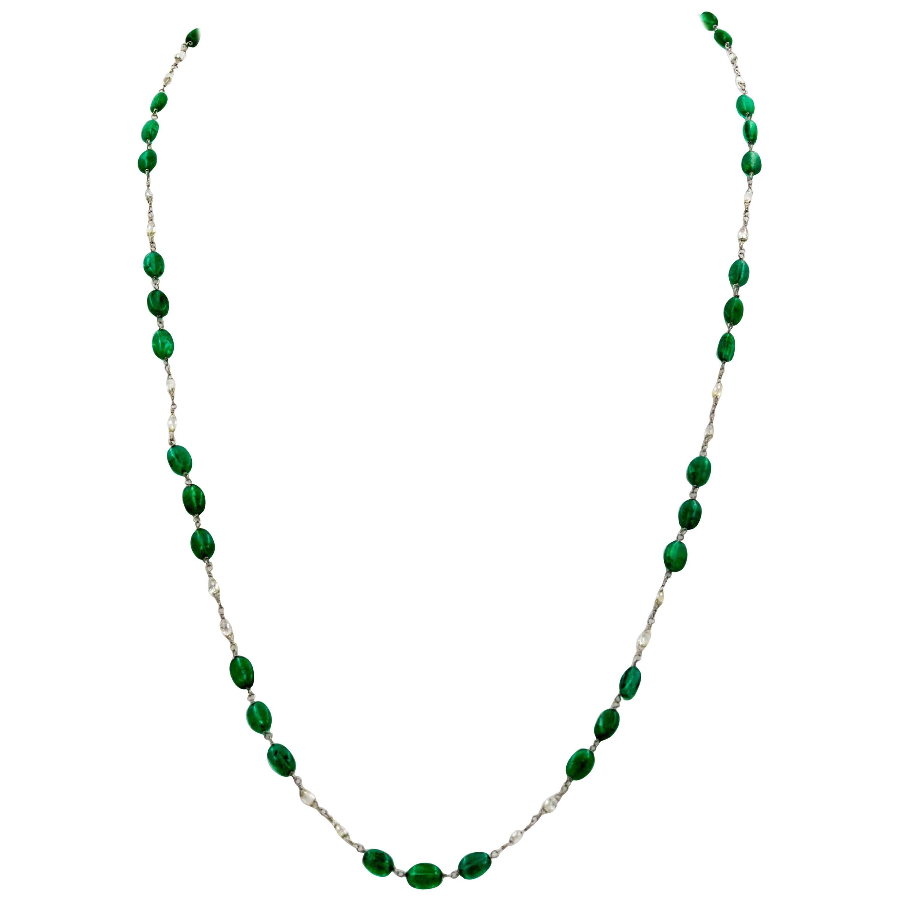 Platinum Nazam Emerald Bead and Briolette Diamond Necklace
