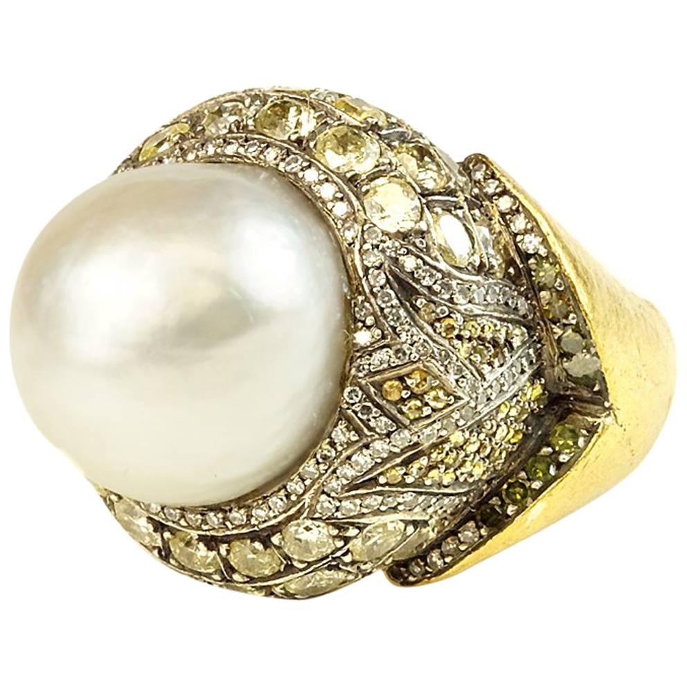 Sevan Pearl and Cognac Diamond Ring For Sale