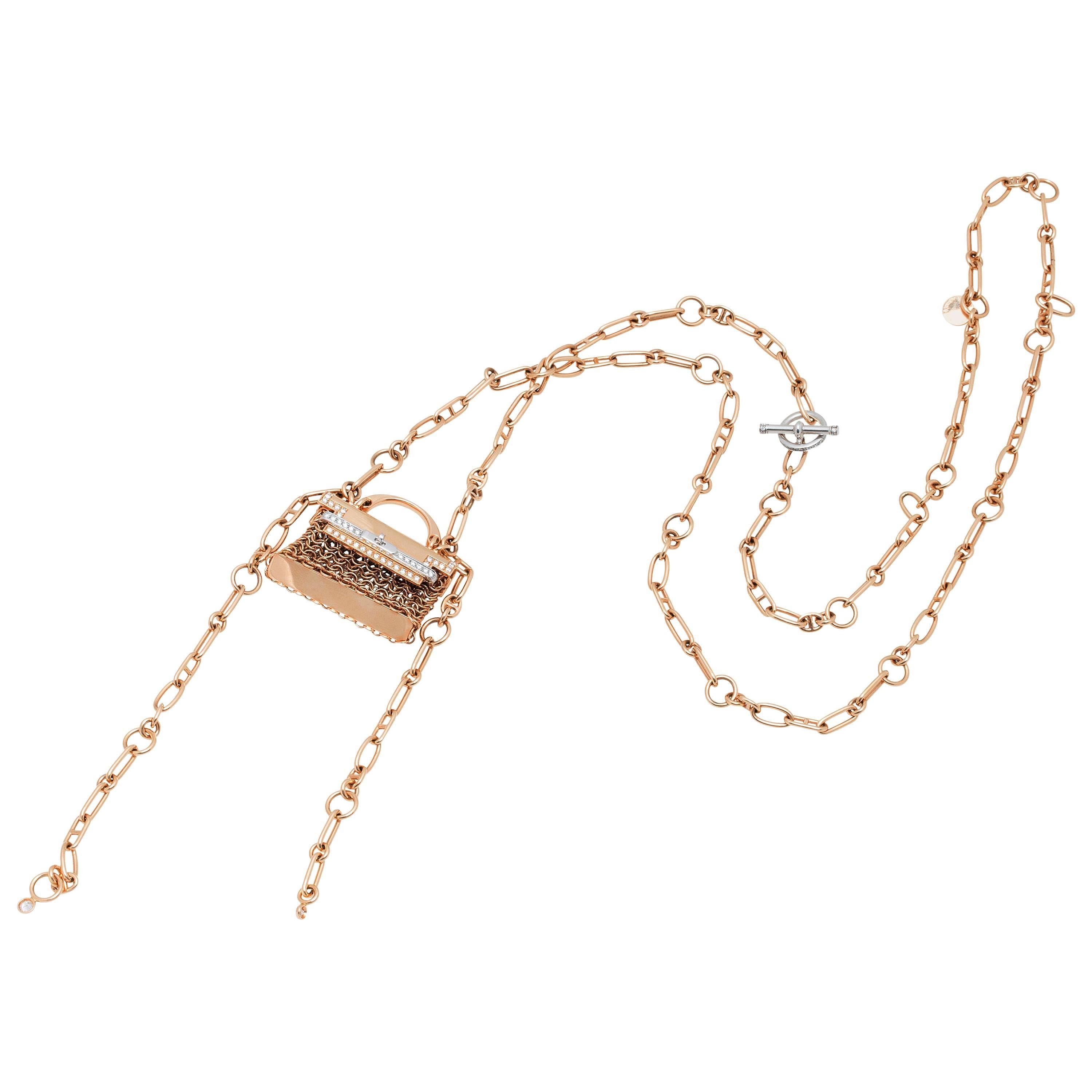Hermes  Pink Gold and Diamond Handbag Necklace For Sale