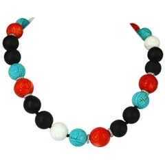 Decadent Jewels Matt Onyx Carved Coral Shell Turquoise Silver Necklace