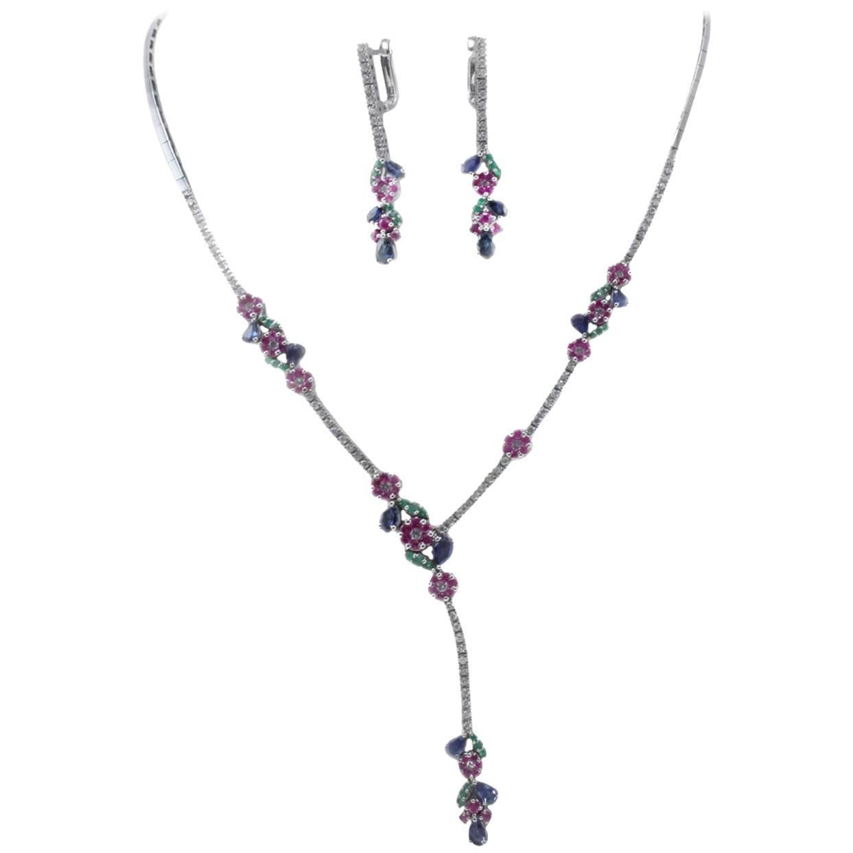 Luise Diamond Ruby Emerald and Sapphire Necklace and Earrings