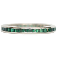 Art Deco 14 Karat White Gold Square Step Vintage Cut Natural Emeralds Band