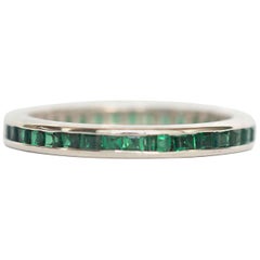 1930s Art Deco White Gold Square Step Vintage Cut Natural Emeralds Wedding Band