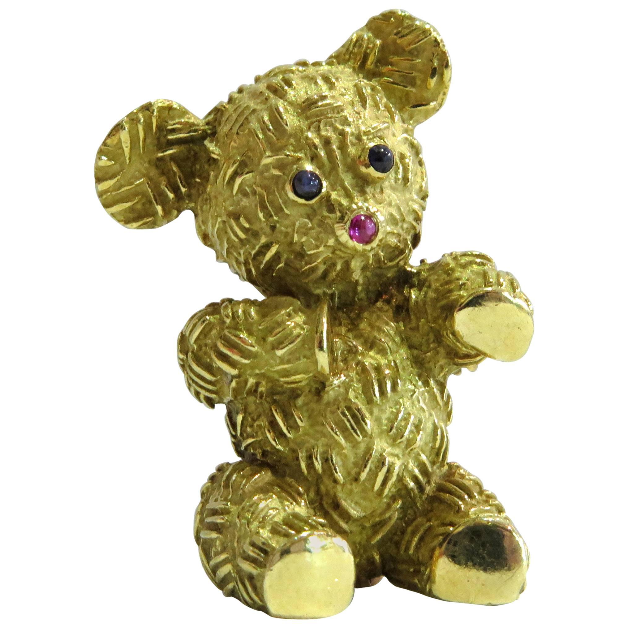 Adorable Gold Teddy Bear Pin with Ruby and Sapphires
