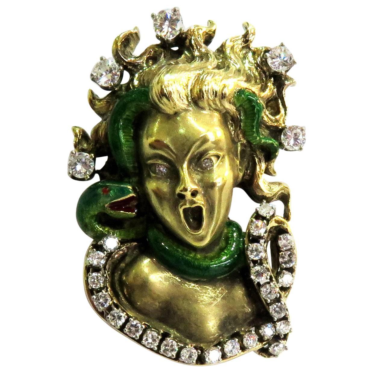 Dramatic Mario Boschi Gold Medusa Diamond Enamel Snake Pin For Sale