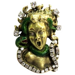 Dramatic Mario Boschi Gold Medusa Diamond Enamel Snake Pin