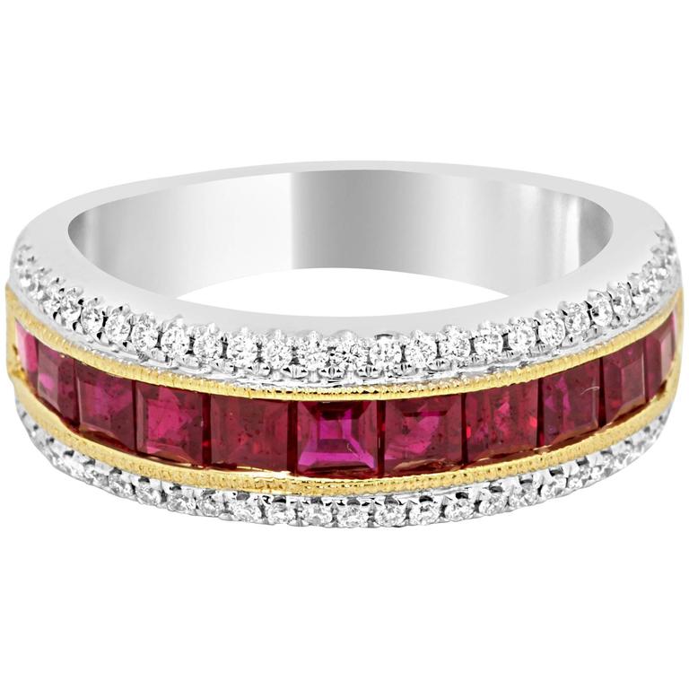 Square Ruby Diamond Two Color Gold Band Ring For Sale at 1stdibs