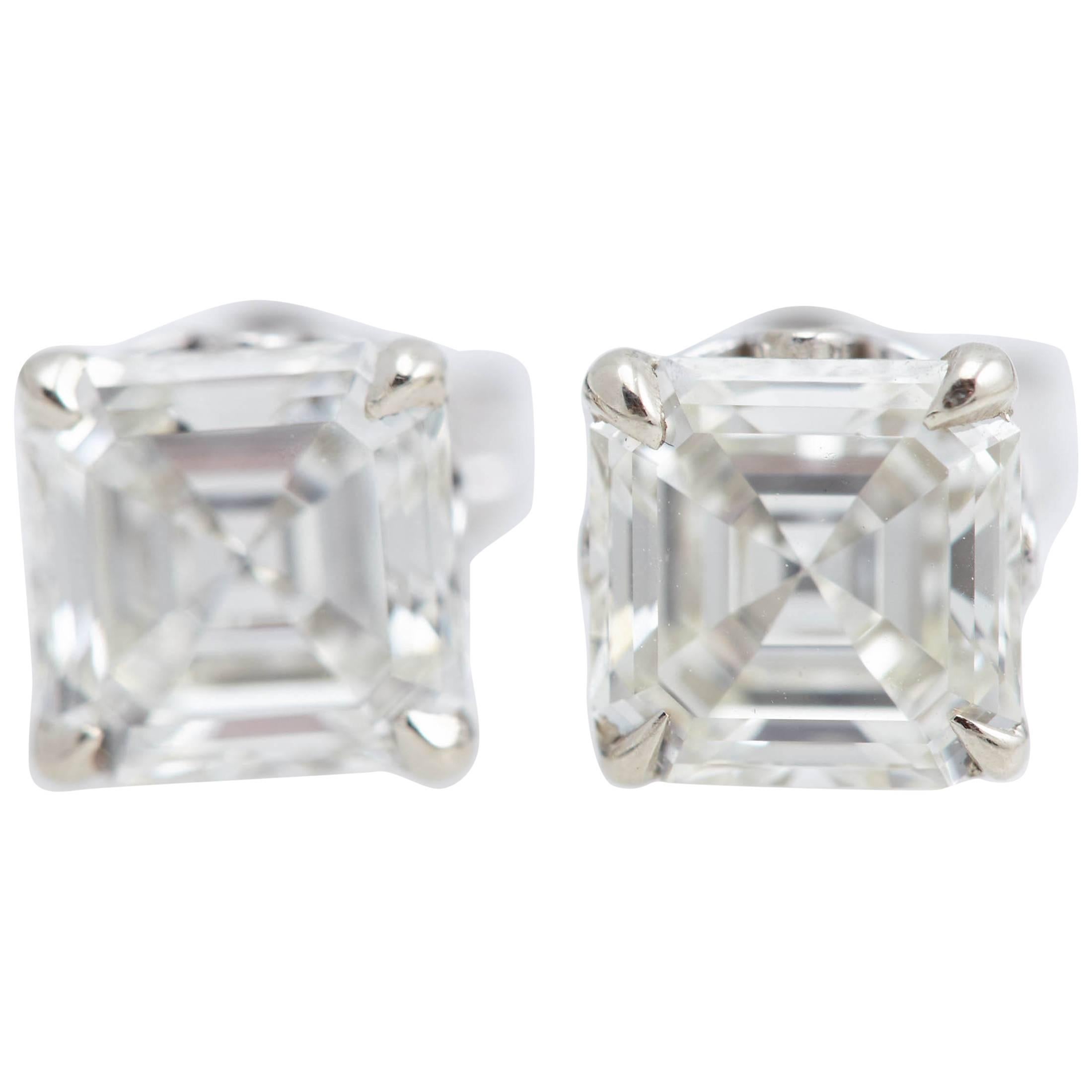 Pair of Asscher Cut Diamond White Gold Earrings For Sale