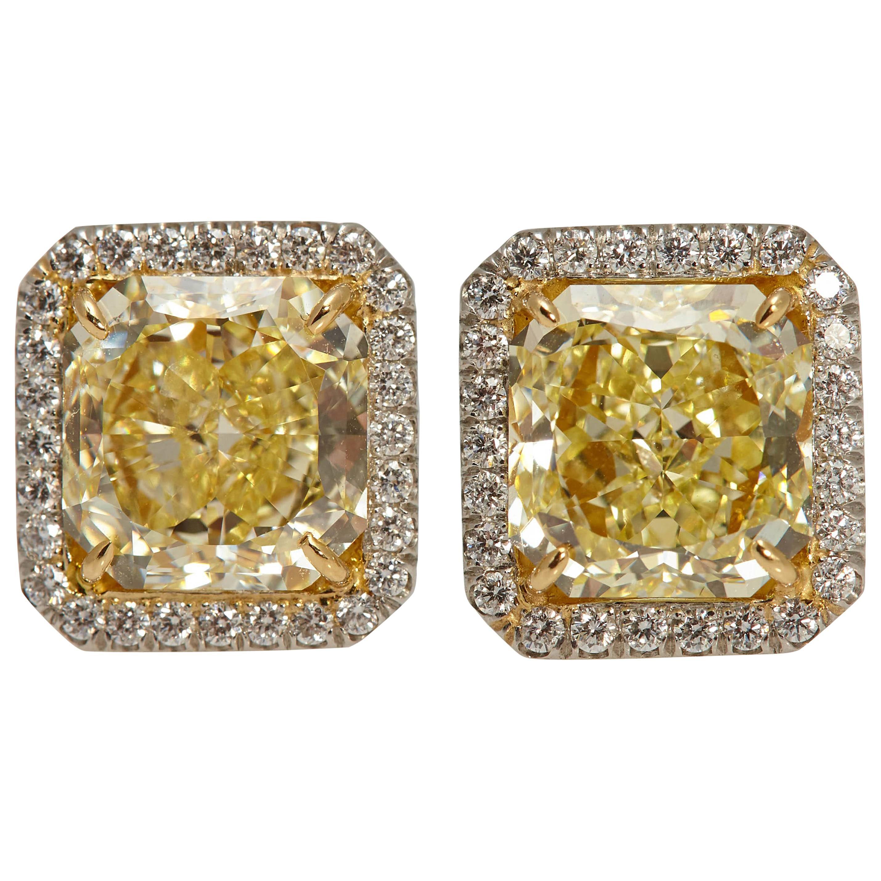 Radiant GIA Fancy Yellow Diamond Earrings 6.61 Carat For Sale