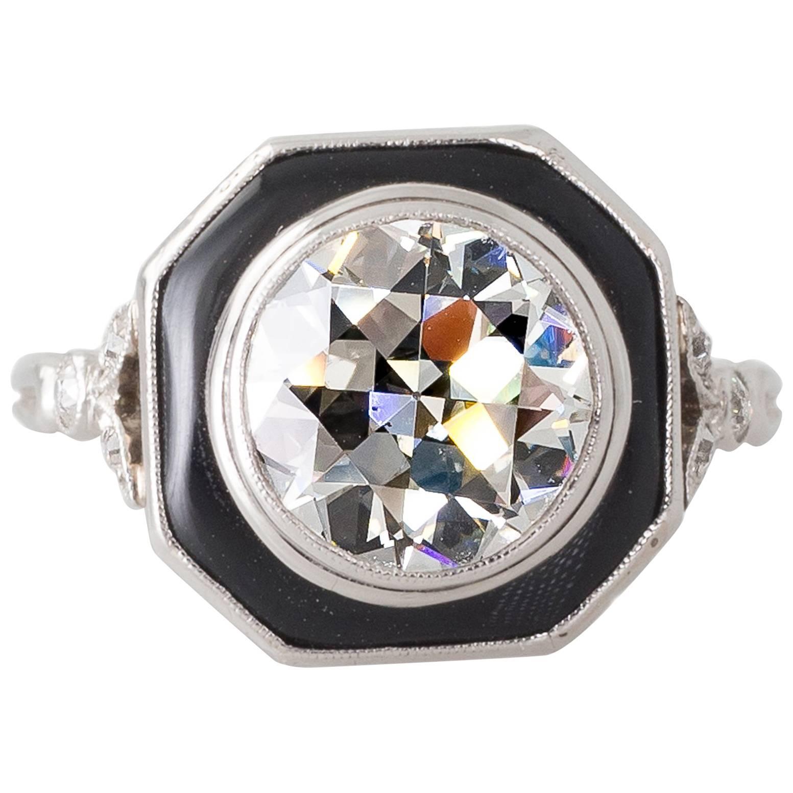 Art Deco 2.20 Carat Transition Cut Diamond and Onyx Platinum Ring