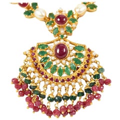 Vintage Indian Ruby, Emerald and Pearl Necklet, Earrings and Bracelet