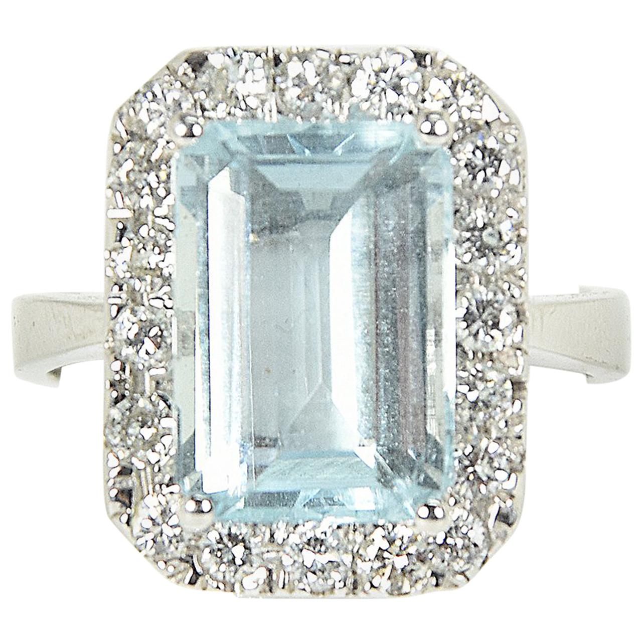 4.3 Carat Aquamarine Diamond White Gold Cocktail Engagement Halo Ring For Sale