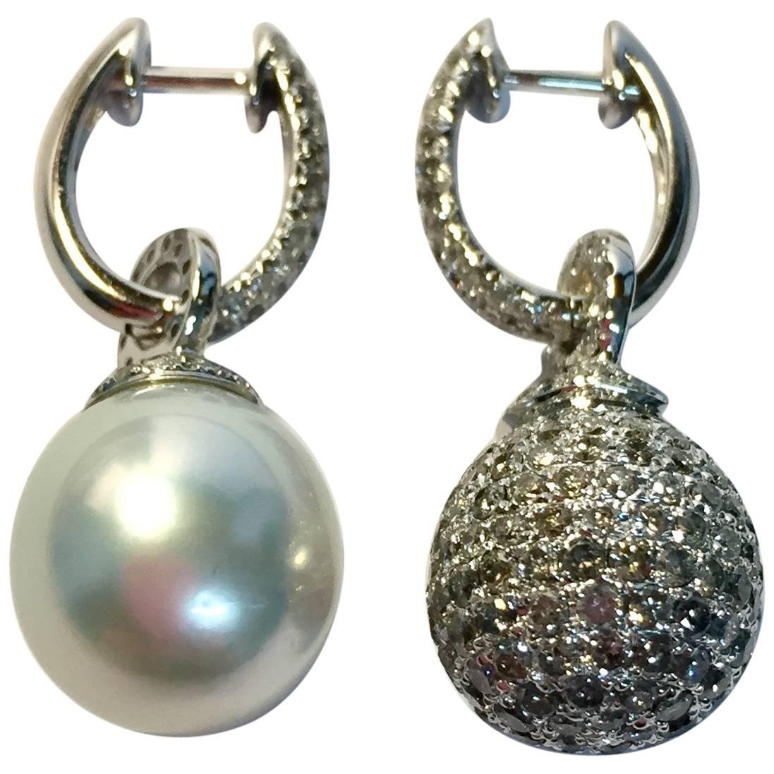 Diamonds and South Sea Pearl Earrings For Sale