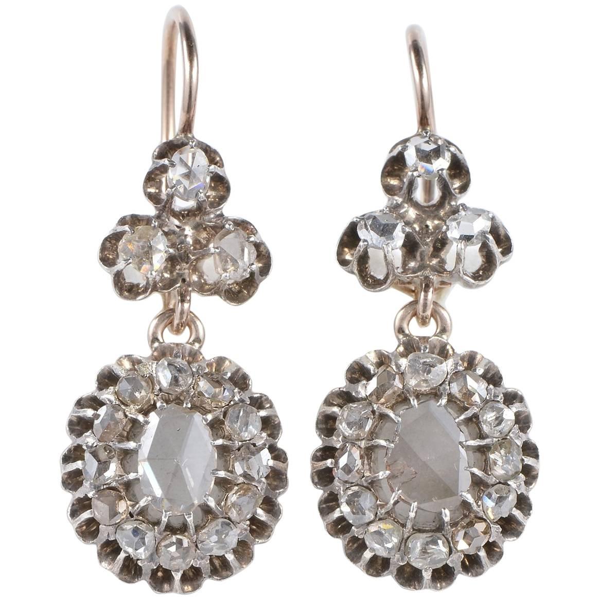 3.40 Carat Rose Cut Diamonds Rare Early Victorian Drop Earrings