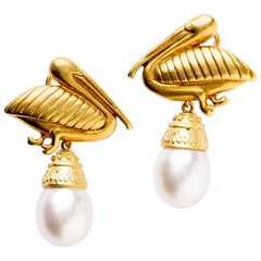 Charming Pelican Pearl Gold Earrings