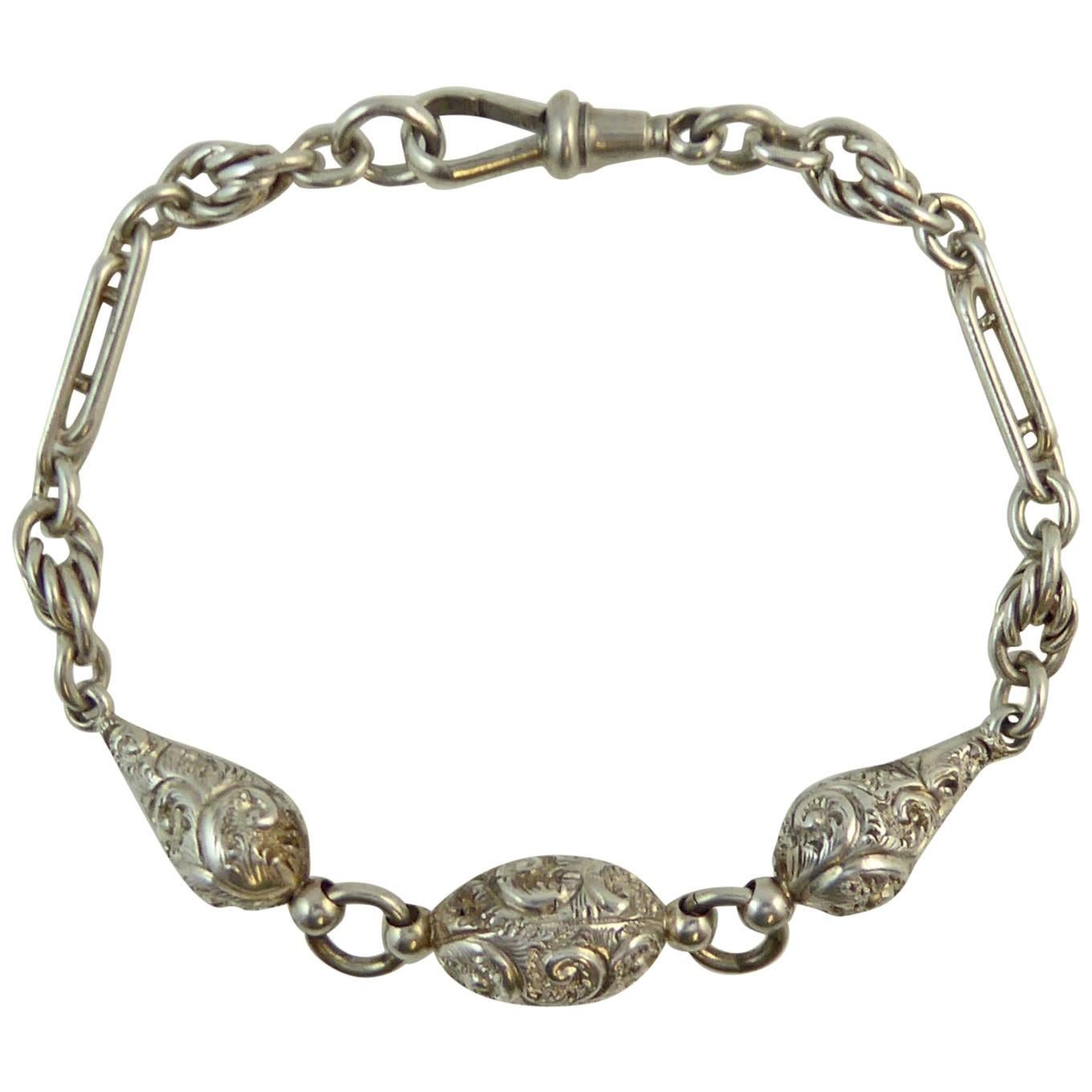 Victorian Fancy Silver Albertina Bracelet, Hand Engraved, Knot and Trombone Link