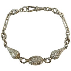 Antique Victorian Fancy Silver Albertina Bracelet, Hand Engraved, Knot and Trombone Link