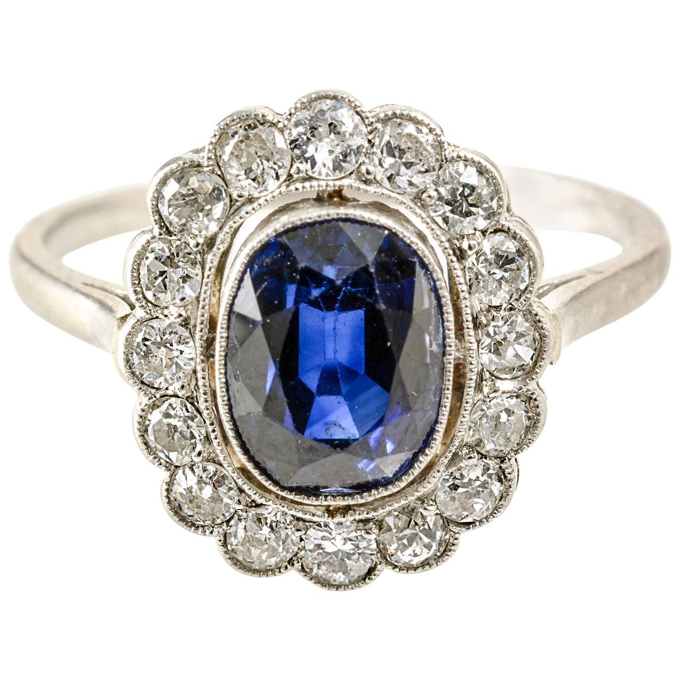 Edwardian Natural Sapphire and Diamond Cluster Ring, circa 1910 For Sale