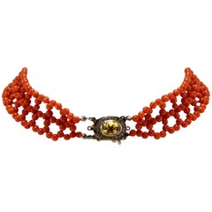 Luise Gold Silver Diamond Topaz Natural Coral Choker Necklace