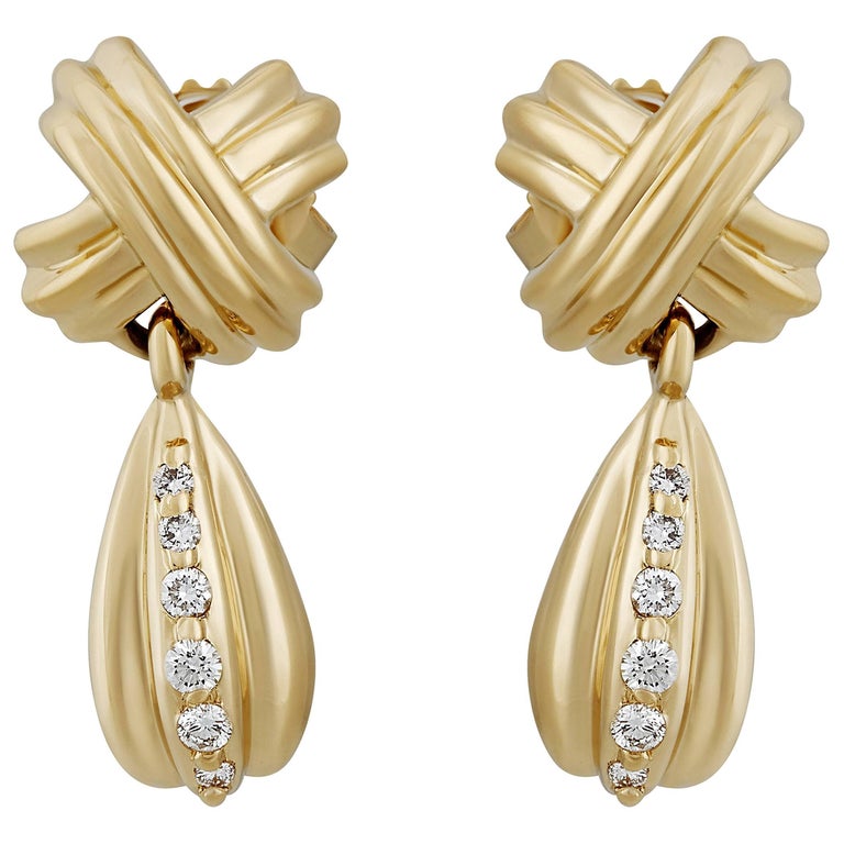 Tiffany And Co Yellow Gold Signature X Drop Diamond Earrings For Yellow Gold Signature X Drop Diamond Earrings For