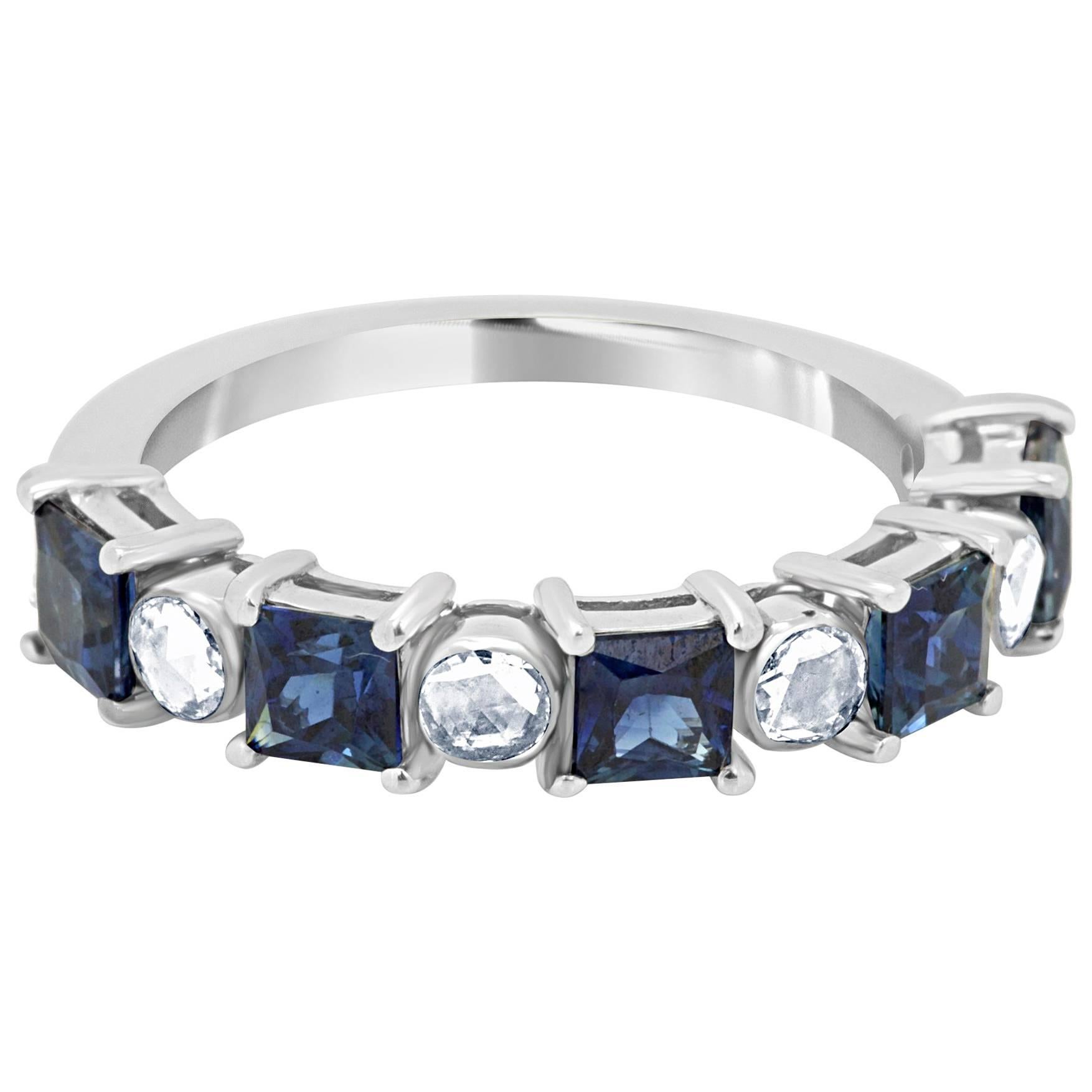 Blue Sapphire Princess Cut Diamond Rosecut Fashion Band Gold Ring