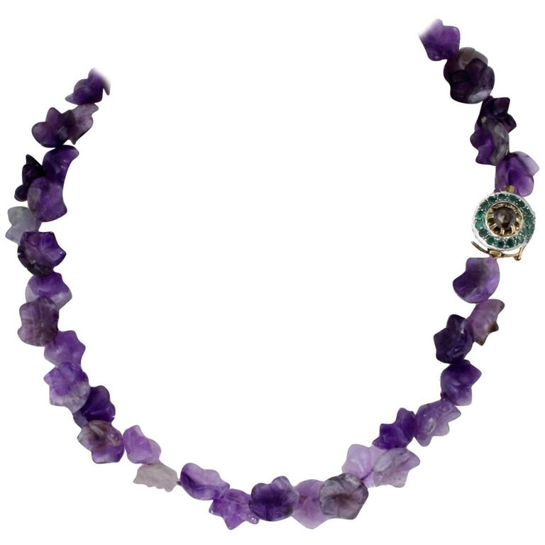 Gold Silver Amethyst Emerald Diamonds Necklace For Sale at 1stdibs