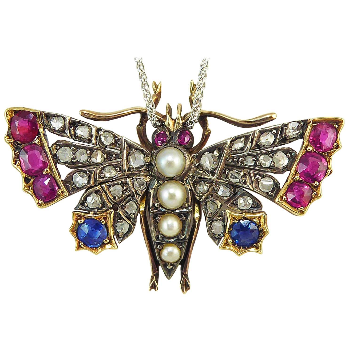Victorian Butterfly Pendant or Brooch, Diamond, Ruby and Sapphire