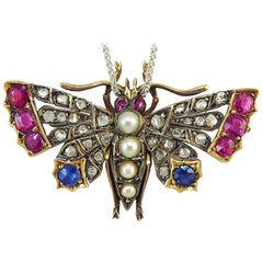 Antique Victorian Butterfly Pendant or Brooch, Diamond, Ruby and Sapphire