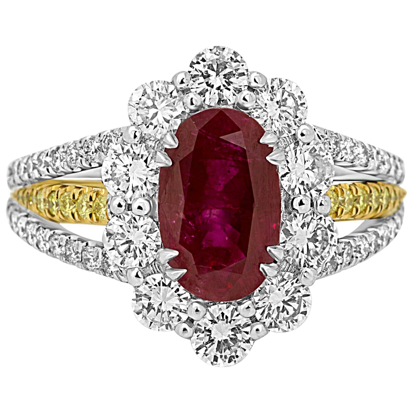 Pigeons Blood GIA Certified No Heat Burma Ruby Oval Halo Two Color Gold Ring