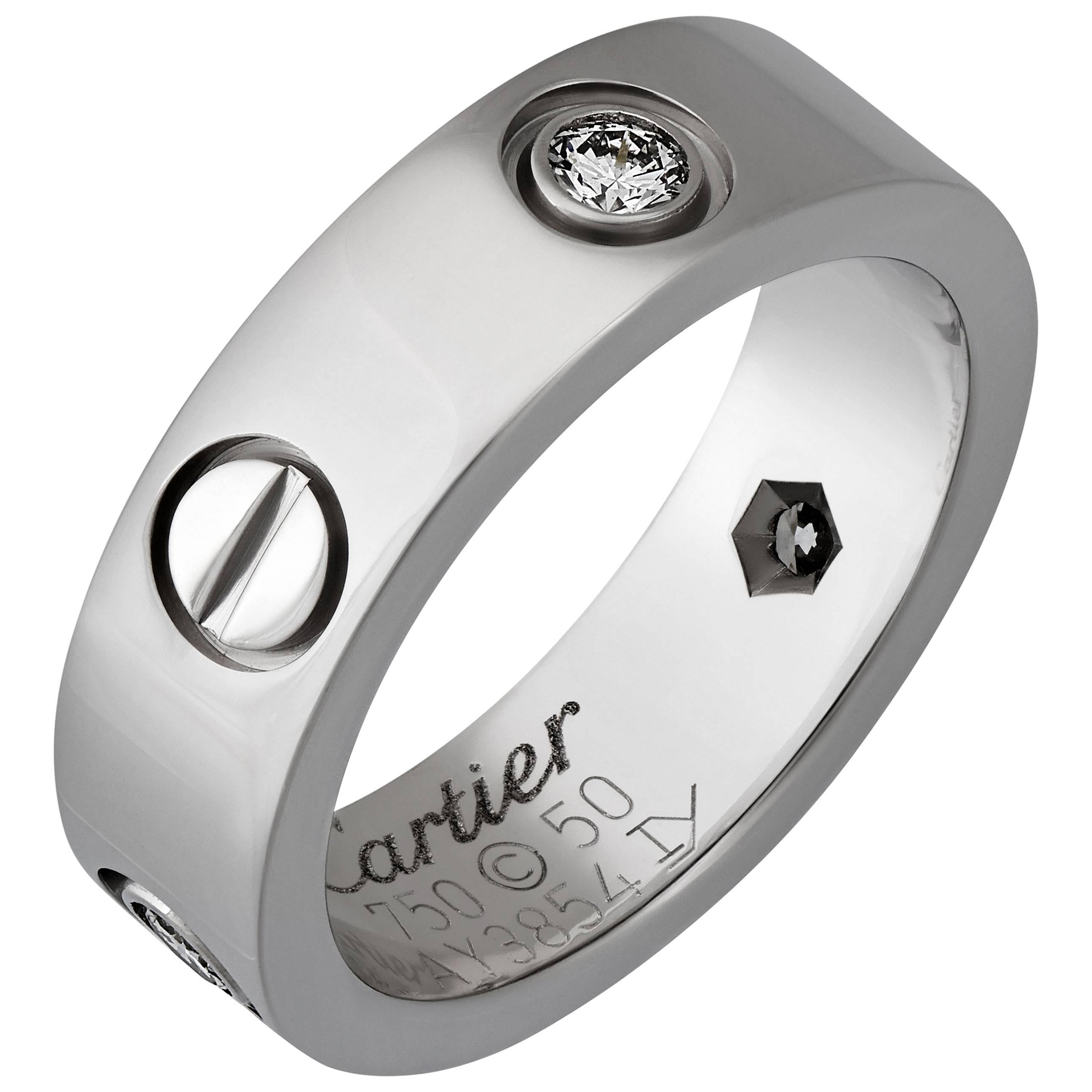 Cartier 18K White Gold 3 Diamond Love Ring Size: 5.25