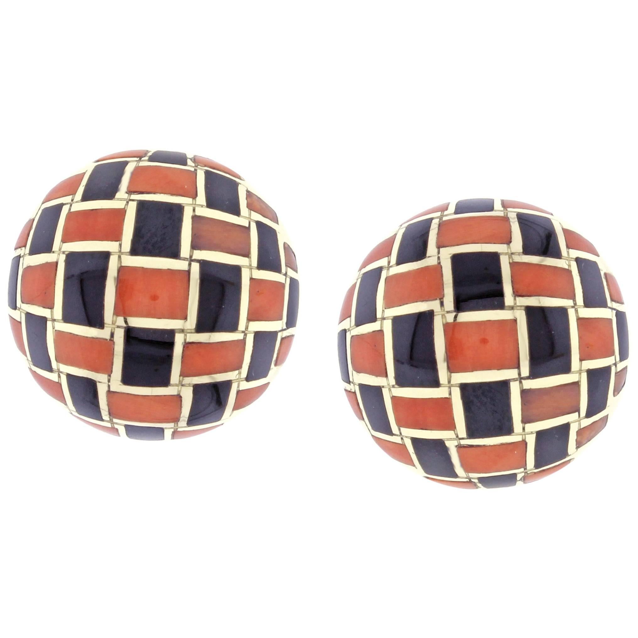 Tiffany & Co. Coral and Onyx Checker Board Earrings