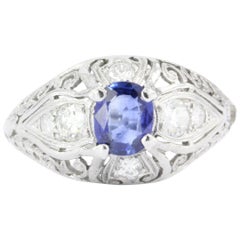 1920s Art Deco Platinum Natural Sapphire and Old European Cut Diamond Ring