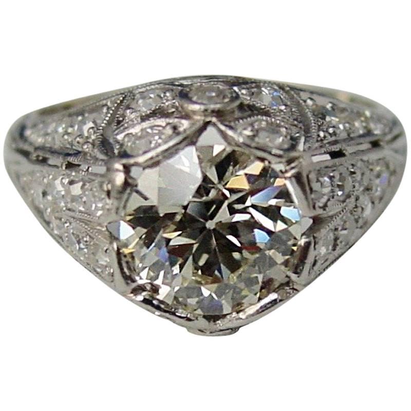 Art Deco Diamond Platinum Engagement Ring For Sale