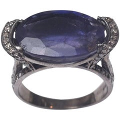 Faceted Iolite and Pave Set Diamond Ring in Sterling