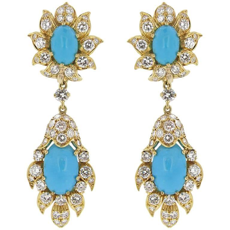 1960s Turquoise and Diamond Day and Night Clip Earrings For Sale at 1stdibs