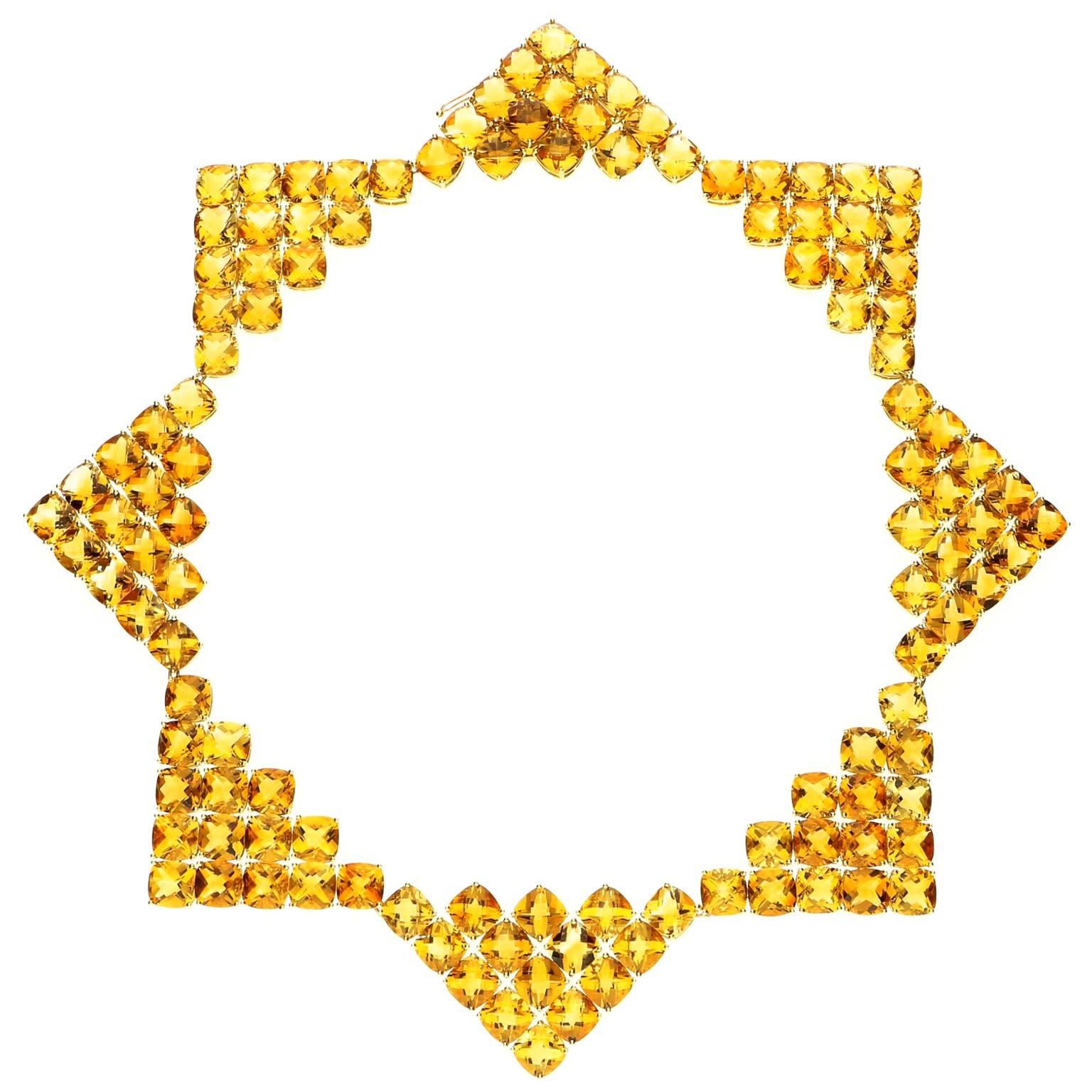 Paolo Costagli 18 Carat Gold, Cushion-Shaped Chequerboard Cut Citrine Necklace