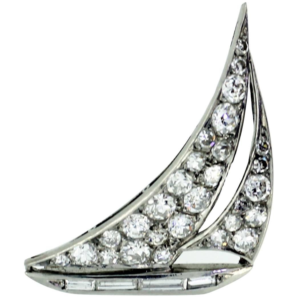 Art Deco Diamond Sailing Ship Brooch For Sale