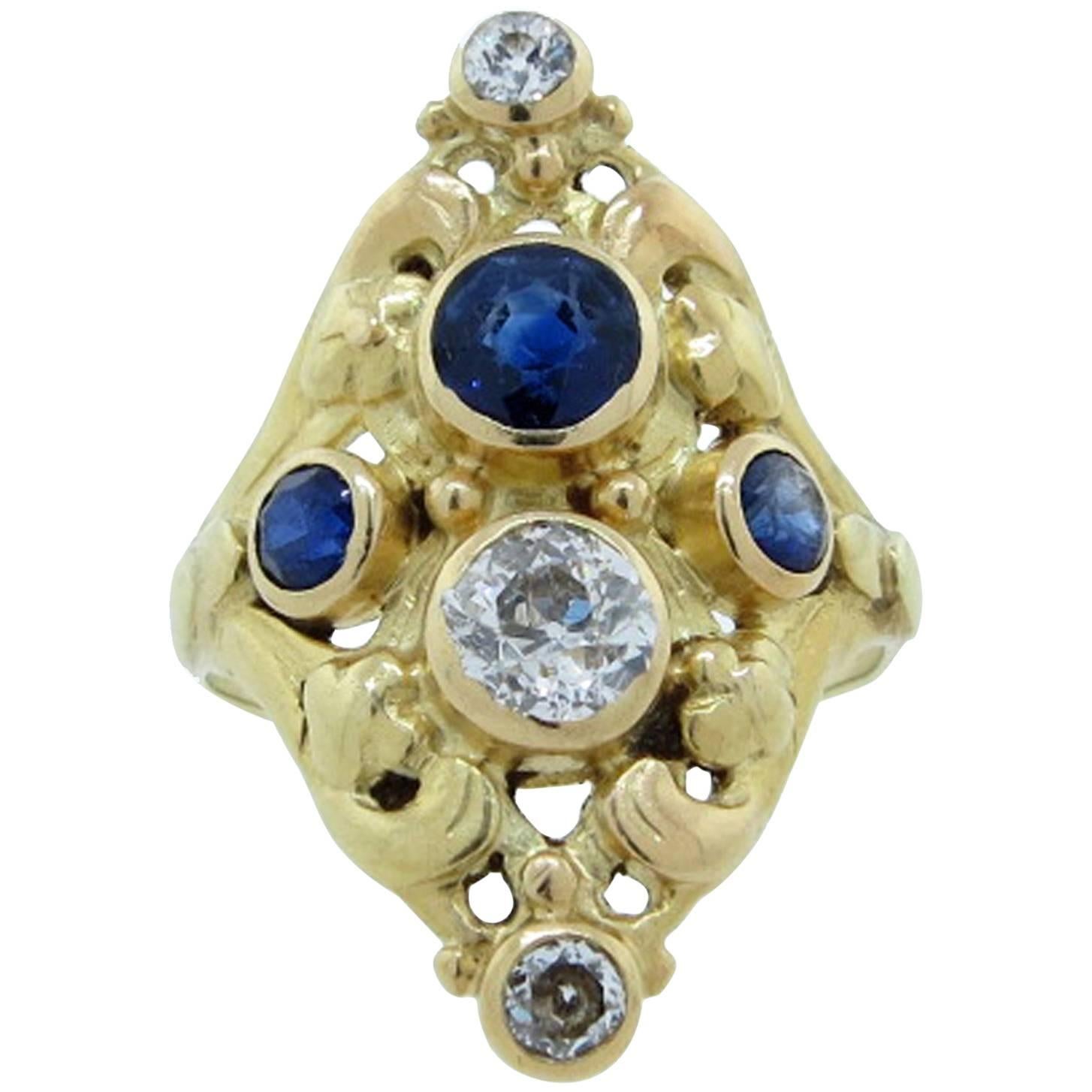 Original Art Nouveau Sapphire and Diamond Ring For Sale