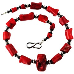 Statement Necklace of Red Bamboo Coral with Silver Tone and Black Onyx Accents 10