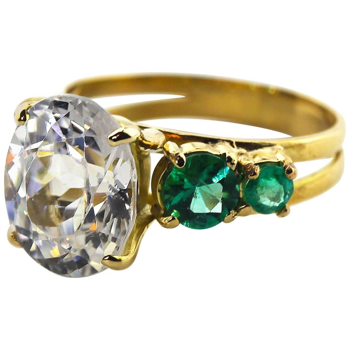 6.8 Carat White Zircon and Emerald 18Kt Yellow Gold Ring