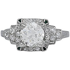 1.05 Carat Diamond Emerald Platinum Art Deco Engagement Ring