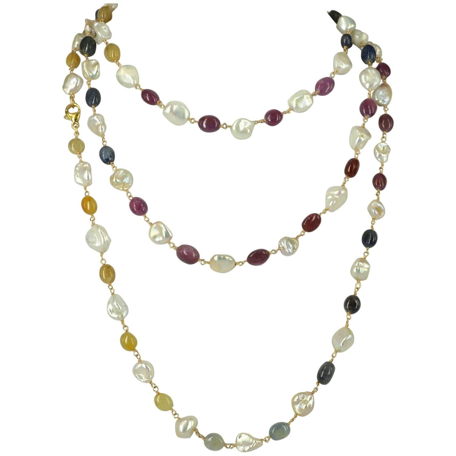 Decadent Jewels Multi-Color Sapphire and Keshi Pearl Gold Long Necklace