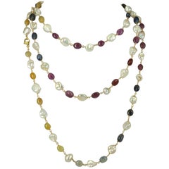 Decadent Jewels Multi-Color Sapphire and Keshi Pearl Gold Long Necklace