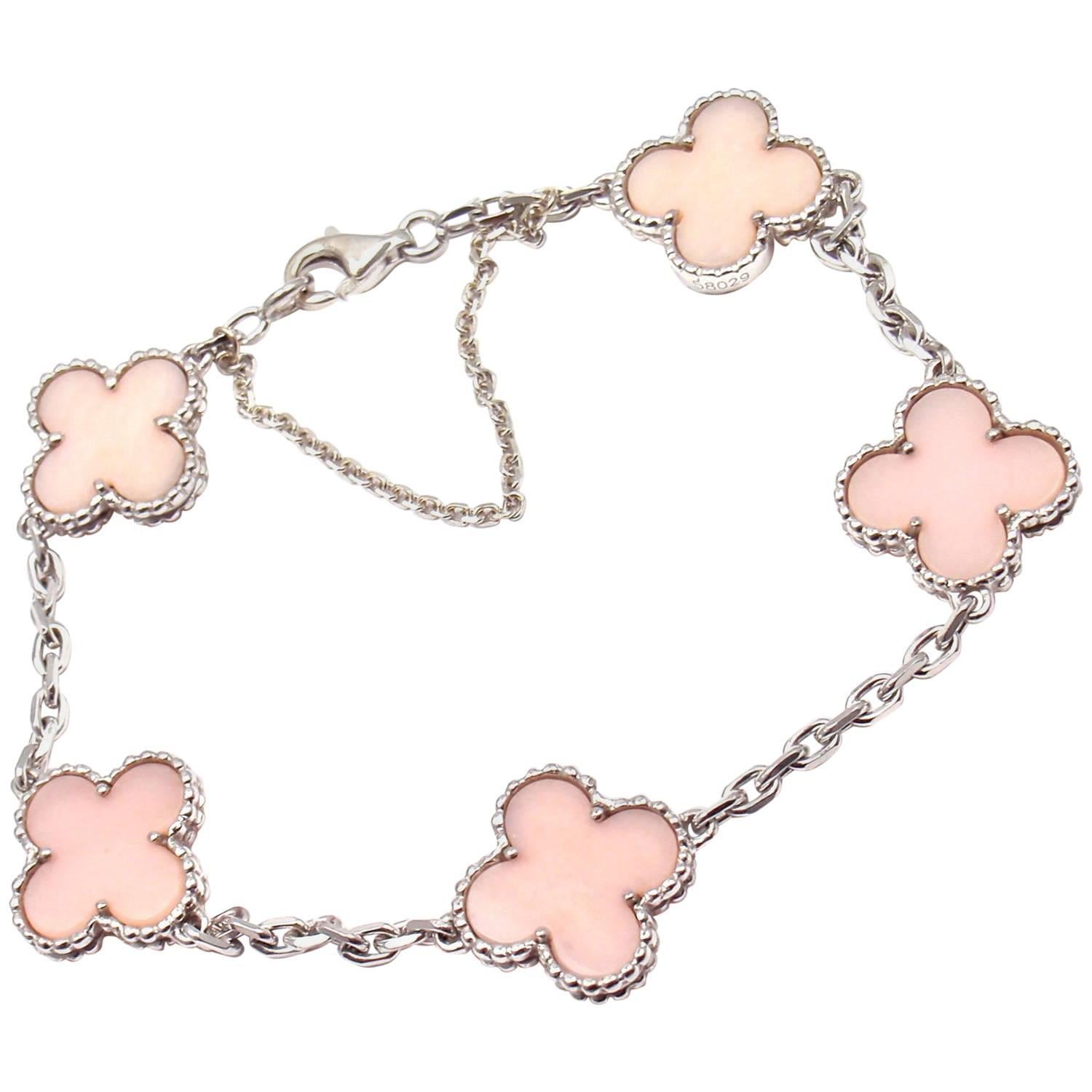 Van Cleef & Arpels Pink Opal Vintage Alhambra Five Motif White Gold Bracelet