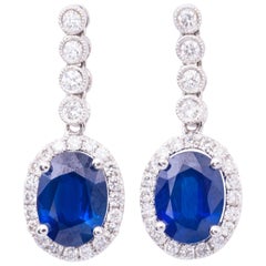 2.90 Carat Oval Shape Sapphire Diamond White Gold Dangle Earrings 5