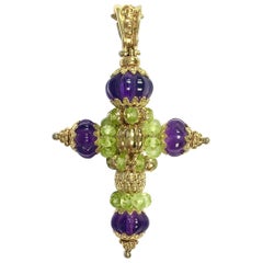 Italian Amethyst and Peridot Gold Cross Pendant Enhancer