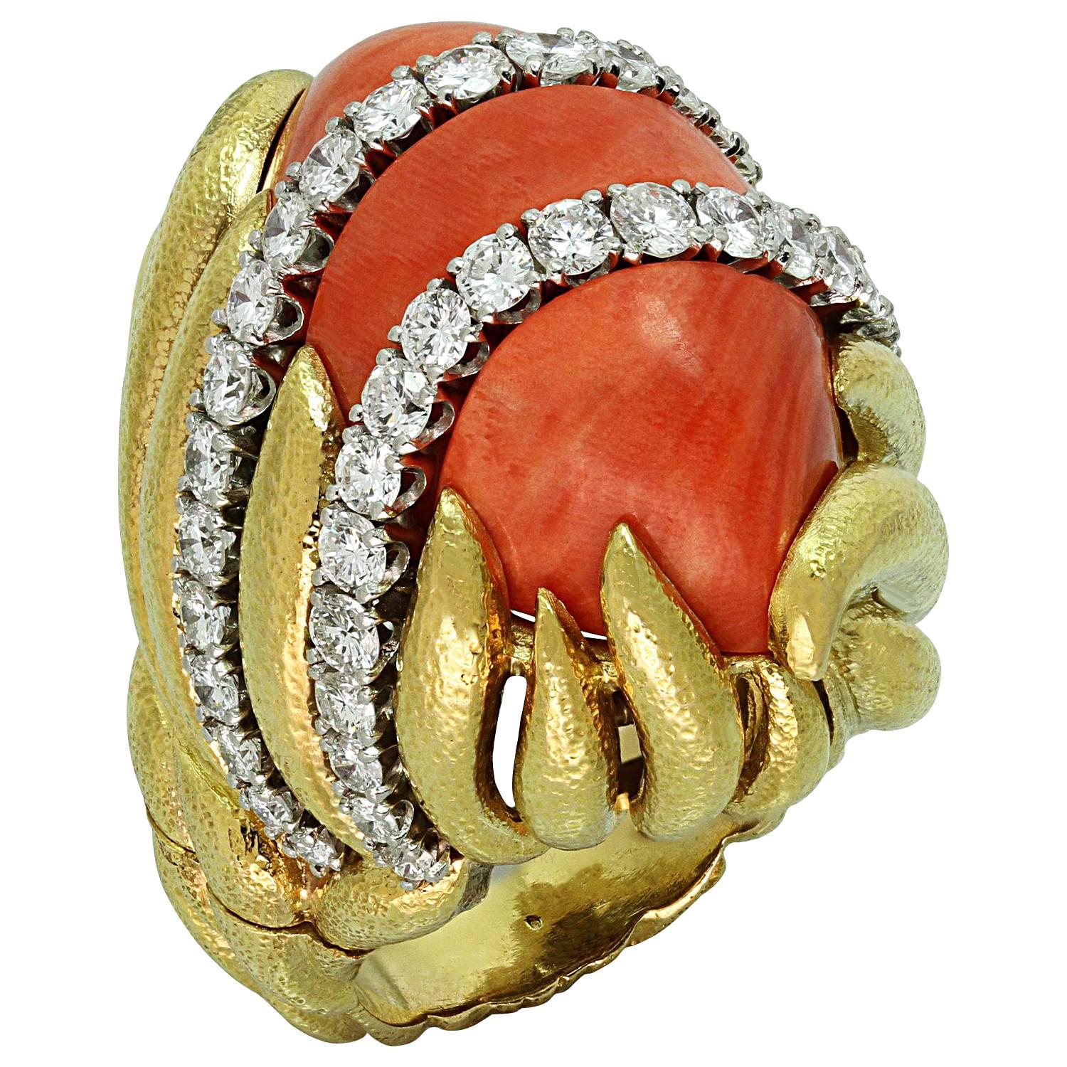 David Webb Natural Coral Diamond Yellow Gold Platinum Ring